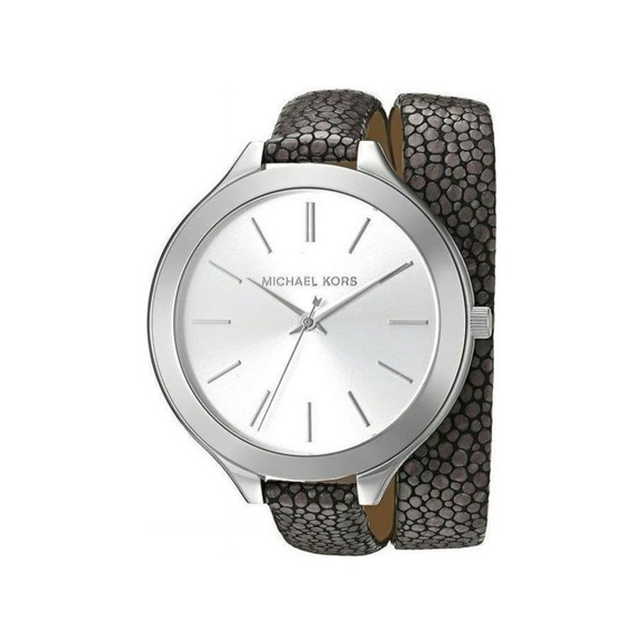 MICHAEL KORS Slim Runway Silver-Tone and Leather Wrap Watch - Picture 1 of 8